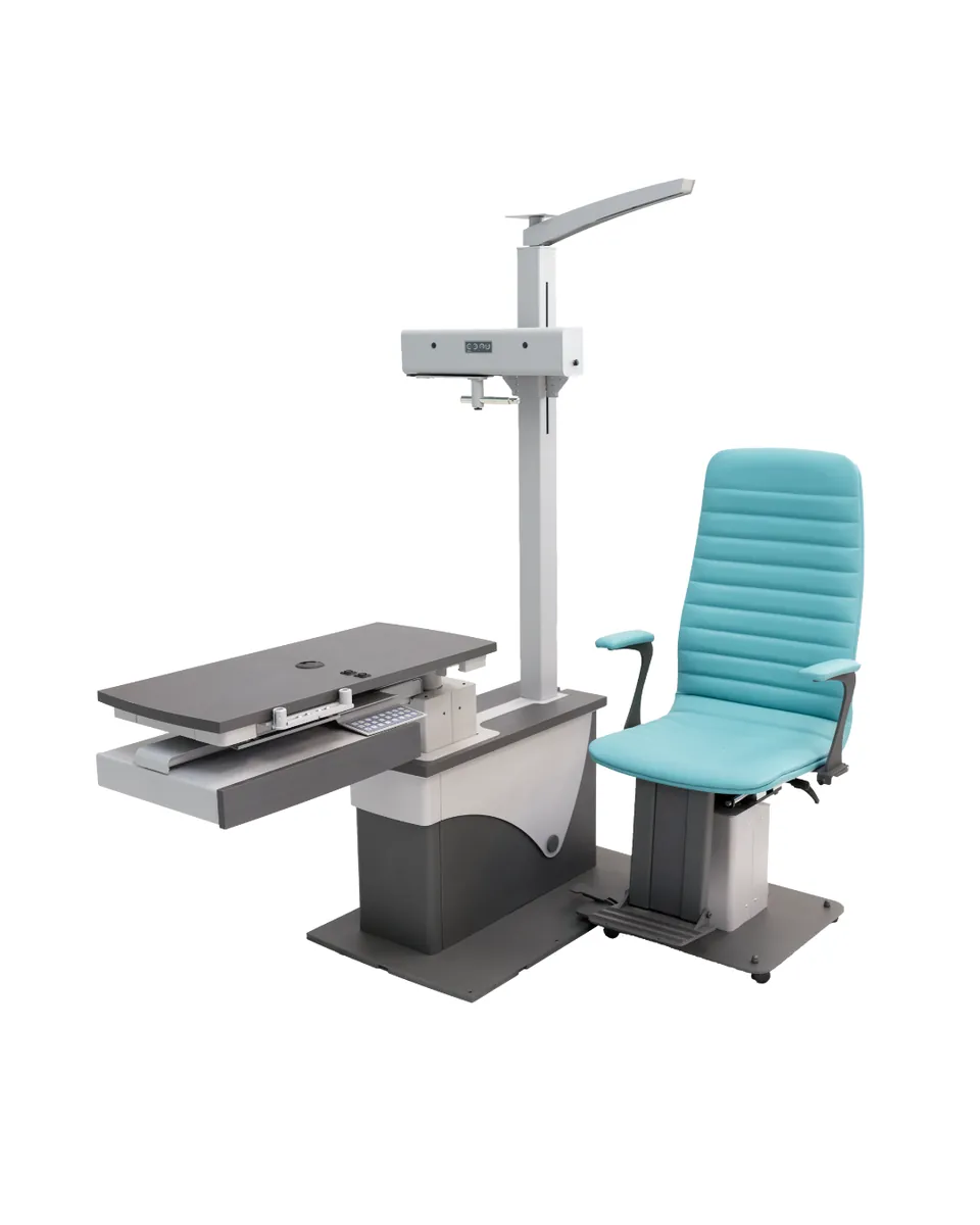 Medinstrus X2s, plateau gris et fauteuil turquoise, vue de trois quarts